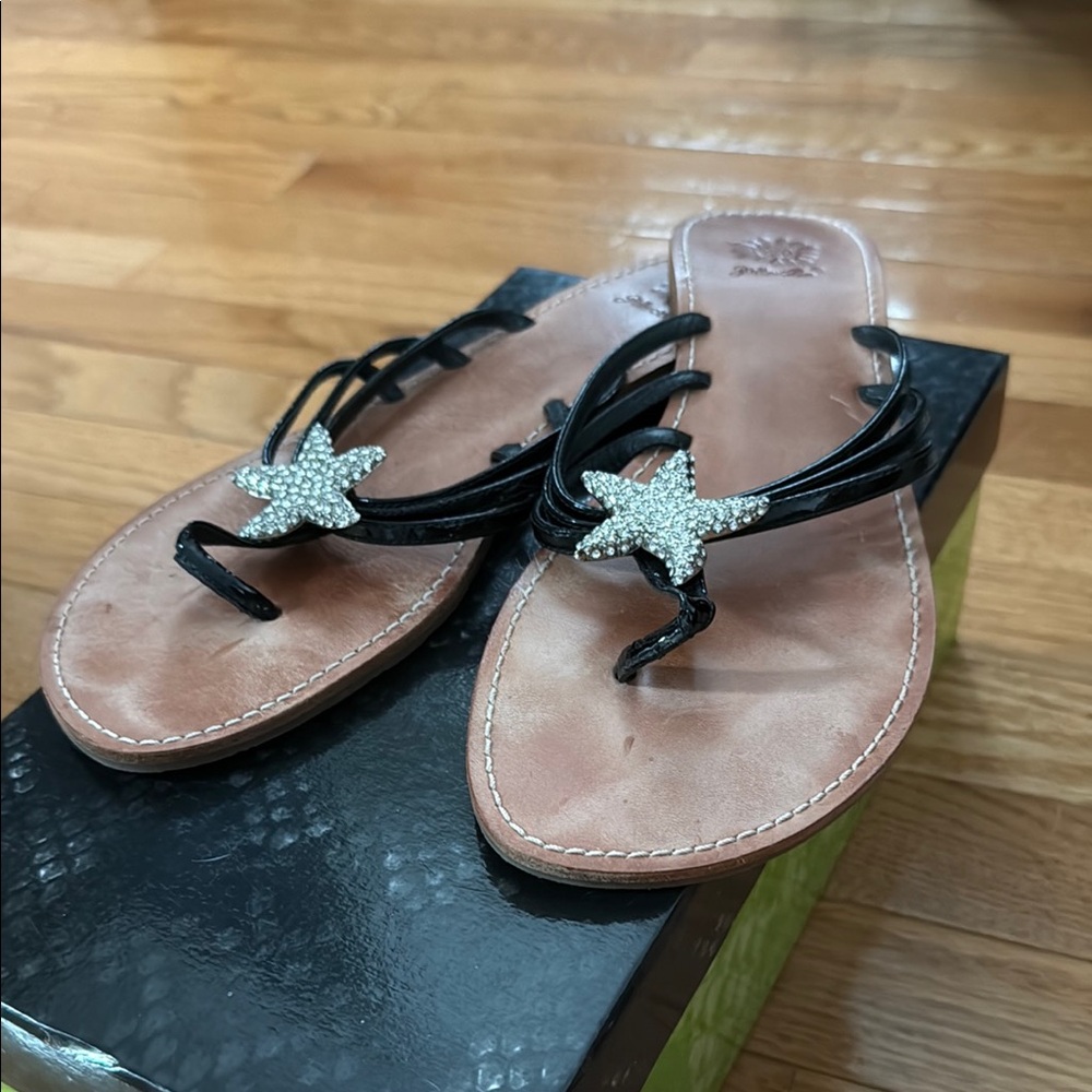 Yellow Box Black and Tan Sandals with Butterfly Accent